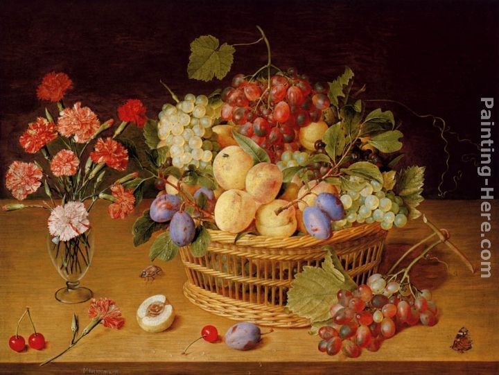 Gerrit van Honthorst A Still Life Of A Vase Of Carnations To The Left Of A Basket Of Fruit